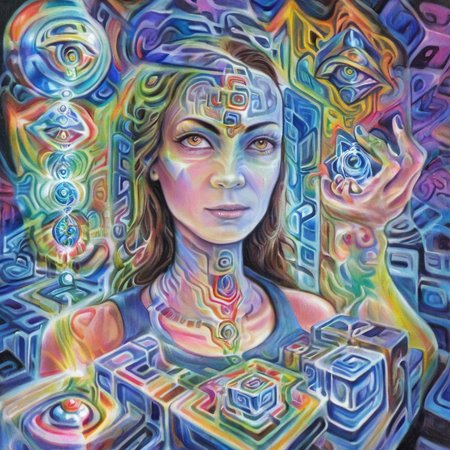 <lora:f4b14n:1> f4b14n str0k3 woman third eye in ecstasy vibrant psychedelic holding cube
