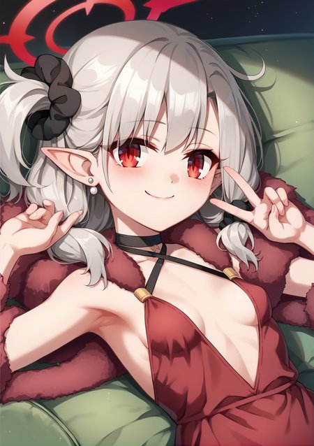 blue archive, mutsuki (blue archive), mutsuki (dress) (blue archive), enokinoko1010, 1girl, :3, arm up, armpits, bare shoulders, black bow, black choker, black scrunchie, blurry, blush, bow, breasts, choker, closed mouth, couch, depth of field, dress, drop earrings, dutch angle, earrings, eyelashes, fingernails, fishnets, foreshortening, fur shawl, grey hair, hair ornament, hair scrunchie, halter dress, halterneck, hand up, jewelry, long hair, looking at viewer, lying, no bra, official alternate costume, on back, on couch, one side up, pearl earrings, pointy ears, red dress, red eyes, scrunchie, shawl, sleeveless, sleeveless dress, small breasts, smile, solo, tsurime, v, white fur <lora:Hiroshi-Style-PonyXL-000020:1>, score_9, score_8_up, score_7_up, score_6_up, score_5_up, score_4_up, BREAK source_anime, masterpiece