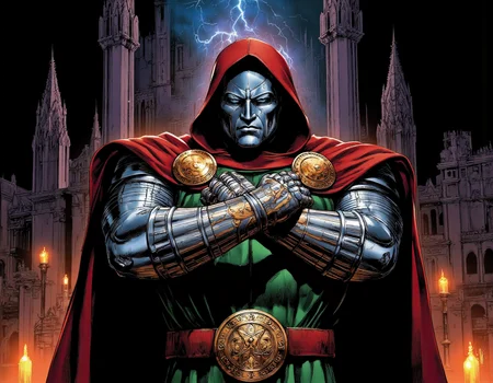<lora:{martoonia, }martoonia:0.85> martoonia, A dynamic, comic book-style illustration of Dr. Doom, the infamous Marvel supervillain, standing triumphantly with his feet shoulder-width apart, clad in his iconic, intricately designed suit of armor. His armor is a mix of dark greys and silvers, with a hint of crimson on the gloves and boots, adorned with ornate, mystical symbols that seem to shimmer with a malevolent energy. The mask that covers his face is expressionless, yet exudes an aura of superiority and intelligence, with a sharp, angular design that accentuates his formidable presence. His Caucasian skin is partially visible under the mask, with a strong jawline and piercing blue eyes that seem to bore into the souls of those who dare oppose him. The lighting is dramatic, with deep shadows cast across his armor, emphasizing the metallic texture and the sharp edges of his suit, while a faint, ominous glow emanates from the symbols etched into the armor, casting an eerie light on the surrounding environment. The background is a dark, ominous castle, with towering spires and grand halls, filled with the faint, flickering glow of candles and the distant, menacing rumble of thunder. Dr. Doom's pose exudes confidence and power, with his arms crossed over his chest, his right hand grasping the hilt of his sword, while his left hand is clenched into a fist, as if ready to unleash his wrath upon the world. The shot is a wide-angle, heroic pose, with the camera looking up at Dr. Doom, emphasizing his towering presence and formidable aura. The image features a mix of bold lines, vibrant colors, and dramatic shading, with a texture that resembles the classic Marvel comic book style, complete with a sense of dynamic energy and movement, as if Dr. Doom is about to leap off the page and unleash his fury upon the world. 8k highest resolution with sharp intricate details. . 35mm photograph, film, bokeh, professional, 4k, highly detailed