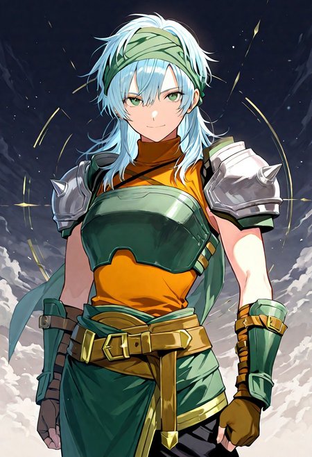 (score_9, score_8, score_7), masterwork, masterpiece, best quality, beautiful eyes, beautiful face, detailed eyes,detailed face,echidna01, light blue hair, green eyes,short spiky hair, green headband, sharp eyes,   dark green chest armor, orange sleeveless turtleneck top, brown leather straps, silver shoulder armor with spikes,   green asymmetrical skirt with yellow trim, side slits, brown belt with gold buckle, green waist scarf,   black pants, silver knee guards, green shin guards with yellow straps, brown fingerless gloves