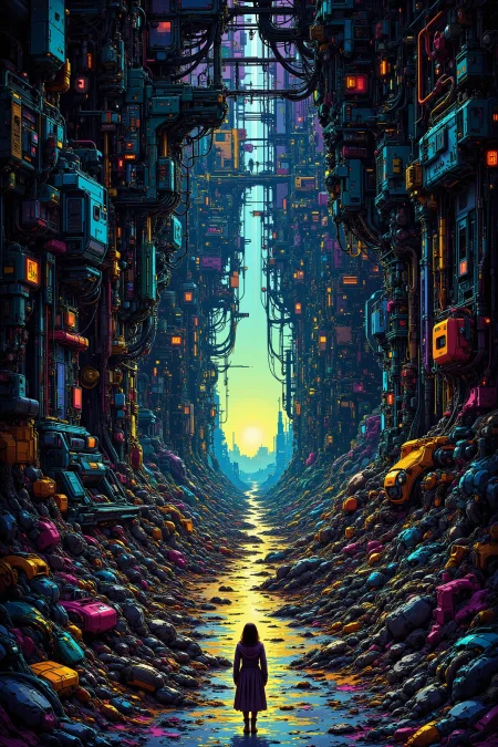 a futuristic world full of machines beautiful  landscape, early morning, woman, very intricate, very detailed, sharp, bright, colorful, <lora:Hand v2:0.5> <lora:Anti-Blur:1><lora:Insane Detail Slider:0.25>  <lora:flux.1_lora_flyway_Epic-detail_v2:0.3> <lora:fluxenhancer:0.25> <lora:ck-Neon-Retrowave:0.4> ck-rw, in the style of ck-rw,  <lora:Neurocore Anime Cyberpunk:0.8> A digital artwork in the style of cknc