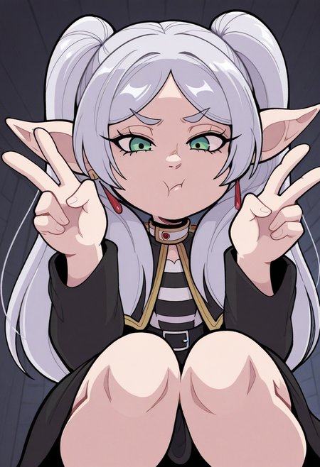p4n1c3dstyle,   masterpiece, best quality, solo,  frieren, sousou no frieren, twintails, green eyes, pov from below, squatting, goth, mascara, pout, double v,