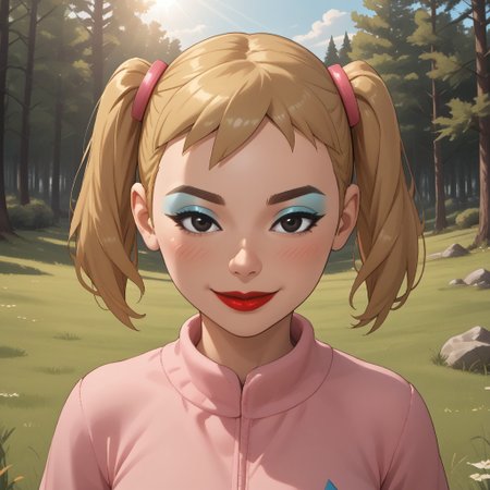 score_9, score_8, BREAK, solo, wii, mii, wii sports, 1girl, female mii, cute, blonde hair, twintails, brown eyebrows, makeup, blush, blue eyeshadow, red lips, lipstick, pink clothing, white pants, shoes, breasts, nintendo mii, modern_mii, classic_mii, Miyuki_(OC_Mii), black eyes, self portrait, smile, outdoors, sunlight, shadows, evening lighting, natural lighting, forest, trees, grass, orange sky, sunset