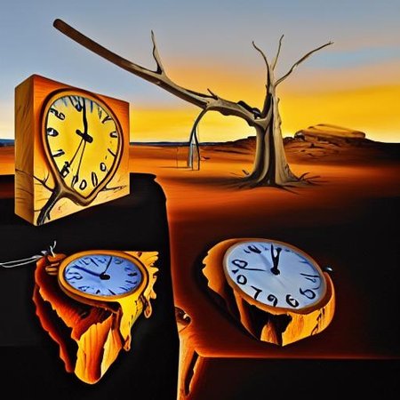 Melting style, melting clocks, tree branch holding a melting clock, melting numbers, shadows, sunset, clouds, boulder, masterpiece, amazing quality, HD, 4k, attention to details, attention to depth perception, amazing art