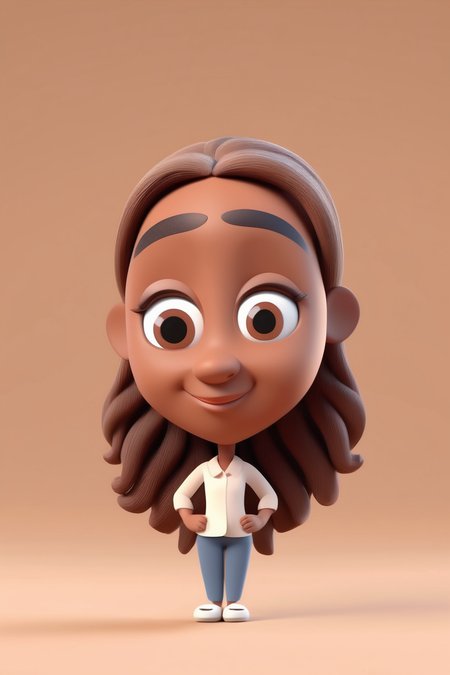 <lora:Clay Animation:1>Clay Animation - precious, tiny 3D render featuring captivating oval-shaped black eyes, light brown skin long hair woman, and a pure white background. Pay attention to the intricate details and textures to create an irresistibly cute and charming character