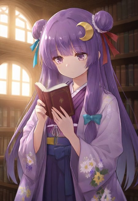 volumetric lighting, ambient occlusion, luminescent background, masterpiece, very awa,library,indoors, a girl reading, beam of light, light through window,depth of field 
BREAK
 patchouli knowledge, 1girl, solo, purple eyes, purple hair, long hair, sidelocks,, patchouli knowledge \(great library at the hieda residence\), alternate costume, no headwear, hair bun, double bun, hair ornament, blue bow, yellow bow, red bow, aqua bow, crescent hair ornament, purple kimono, floral print, long sleeves, wide sleeves, yellow obiage, purple obi, hakama skirt,holding book,