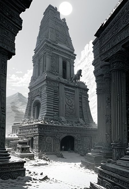 score_9, score_8_up, score_7_up, masterpiece, landscape, sand, desert, Ancient Egyptian architecture, buildings, sun, epiCPhoto