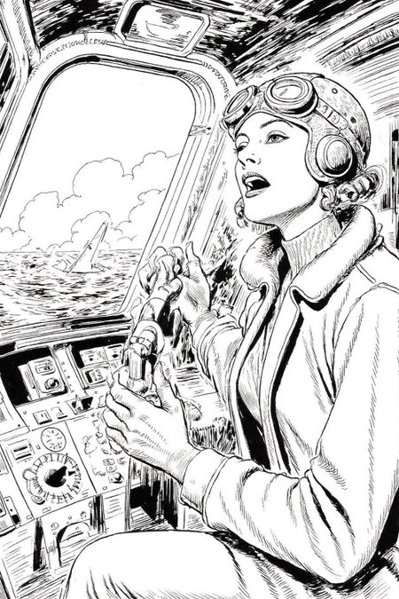 alexray1 drawing
anzo1 black and white etching.
A female pilot screaming inside the cockpit of a World War II bomber. The pilot, wearing a vintage leather flight helmet with goggles and a bomber jacket, grips the controls with white-knuckled hands. Her face is contorted in a mix of fear and determination as she yells, her eyes wide with adrenaline. The cockpit is cramped and filled with old-fashioned dials and gauges, with the outside view showing dark stormy clouds and distant anti-aircraft fire  <lora:alexray1_nocap_d6a3:1.0><lora:815513581400525699:0>