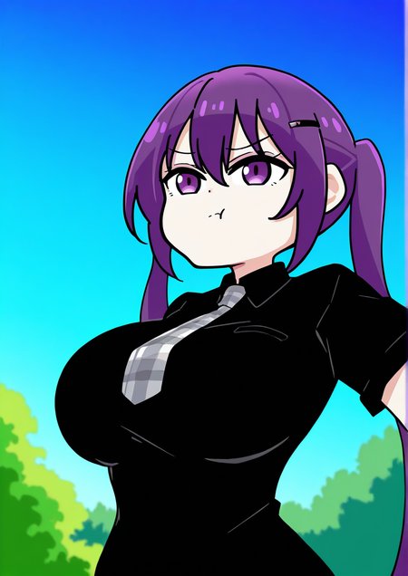 <lora:KooJ38984258:1>,1girl, tedeza rize, detailed background, huge breasts, wide hips, :t, black shirt, hair ornament, long hair, necktie, outdoors, plaid, plaid necktie, purple eyes, purple hair, school uniform, shirt, solo, tedeza rize's school uniform, twintails, upper body, 
very awa, masterpiece, best quality, highres, absurdes,amazing quality,year 2024,newest