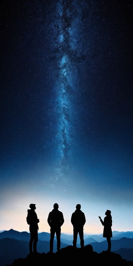 <lora:HMSGåªå½±XL-000001:0.8>,Group of people standing,silhouette,mountain top,starry night sky,mysterious,majestic,surrealism style,high contrast,high definition photography,black and deep blue colors,