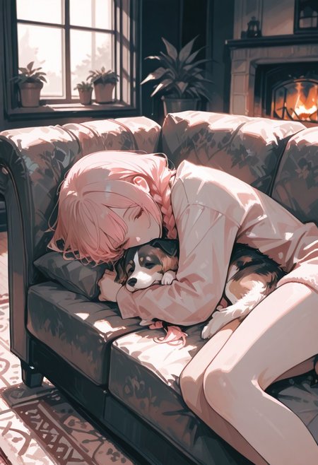 incredibly absurdres, masterpiece, muted color, volumetric lighting,depth of field, 
1woman,pink hair single braid, cuddle a dog, lying on a rug, couch, window, potted plant, fireplace, upper body, legs out of frame,