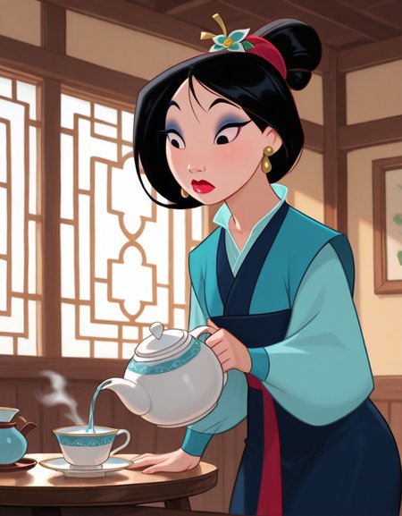 masterpiece, best quality, amazing quality, very aesthetic, absurdres,  newest, detailed background, cowboy shot, 4k, 8k, 
mulanxd, 1girl, black hair, solo, earrings, jewelry, teapot, cup, hair ornament, single hair bun, makeup, black eyes, hair bun, steam, indoors, teacup, table, window, japanese clothes,
 <lora:Mulan_-_Disney_Illustrious:1>