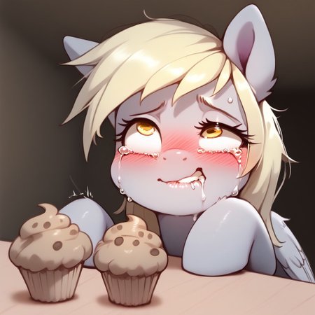 rating_explicit, score_9, score_8_up, score_7_up, pony, feral, Derpy Hooves, cross-eyed, uneven eyes , embarrassed expression, biting her lower lip, eating muffin, trying to hold it in, muffin on the table, blush, rolling eyes, tears, indoors, detailed, realistic, BREAK, full body
