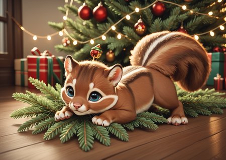 score_9, score_8_up, score_7_up, score_6_up, score_5_up, score_4_up, detailed, realistic, illustration, 8k, squirrel gathering acorns near a miniature christmas tree (cute furry feral:1.2), source_furry <lora:Animal_Christmas:0.8> animal christmas