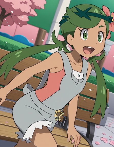 score_9, score_8_up, score_7_up, source_anime, <lora:pokemon-mallow-anime-ponyxl-lora-nochekaiser:1>, mallow, long hair, bangs, hair ornament, twintails, green eyes, flower, green hair, hair flower, dark skin, dark-skinned female, swept bangs, mallow (pokemon), collarbone, sleeveless, pink shirt, overalls,, park, cherry blossoms, bench, gentle breeze, peaceful, running, open mouth,, smile, , knee bent, hand on knee, arm out to side, solo,, cowboy shot, dutch angle
