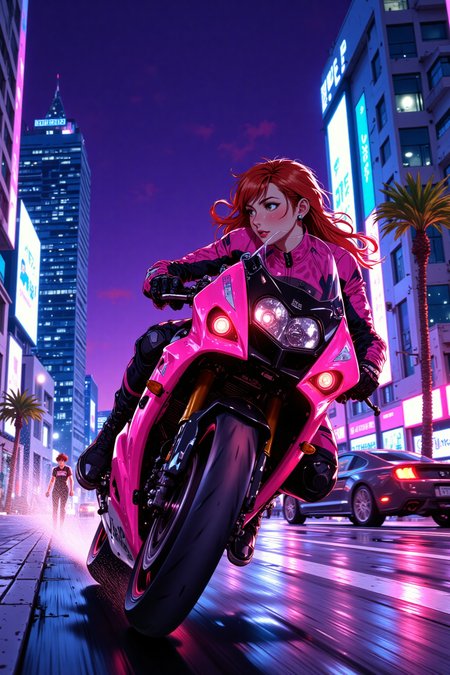 High-quality semi-realistic anime illustration with ultra-detailed rendering,smooth blended shading,fully realistic background. A young woman leans forward in a streamlined,aerodynamic posture as she speeds through the neon-lit streets of Miami on a sleek sport motorcycle at night. The rush of wind presses against her,strands of auburn hair whipping behind her as she accelerates,her focus locked on the road ahead. The deep hum of the engine and the distant pulse of music from the city blend into a hypnotic rhythm,while neon reflections streak across the wet pavement.,
She wears a striking neon-pink racing suit,its sleek,form-fitting design accentuating her athletic frame. The synthetic material gleams under the city lights,black contouring lines running along the arms and legs,emphasizing speed and motion. Reinforced gloves grip the handlebars,her fingers effortlessly adjusting the throttle as she leans into a turn. Her boots,matte black with neon accents,press firmly against the footpegs,maintaining control as she maneuvers through the streets.,
The background is fully realistic and cinematic,MiamiÃ¢ÂÂs skyline towering in the distance,glowing against the deep violet sky. Art Deco buildings pulse with neon blues,purples,and fiery pinks,their reflections stretching across the glassy asphalt. The blurred light trails of passing cars and glowing street signs enhance the sense of motion,while palm trees stand silhouetted against the electric horizon. Billboards flicker with digital advertisements,casting shifting hues over the speeding motorcycle as she cuts through the night.,
The composition captures high-speed energy,blending the **thrill of movement,neon-drenched cyberpunk aesthetics,and MiamiÃ¢ÂÂs vibrant nightlife** into a seamless fusion of style,adrenaline,and futuristic elegance.,