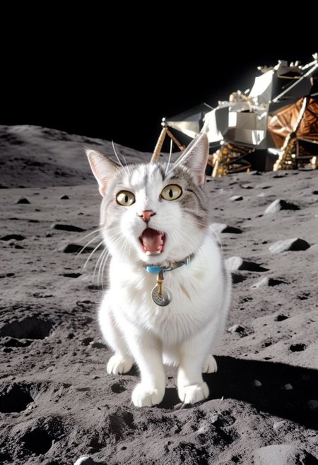 ASCII,masterpiece, hyper detailed, 8k, ray tracing, ultra sharp,
cinematic film still anime artwork,  cfb ,close up of a surprised and shocked cat foreground, (a mission apollo on the moon background:1.3), vibrant, highly detailed,  shallow depth of field,,cinemascope, moody, epic, gorgeous, film grain, grainy,meme,parody,deep black sky, apollo_style