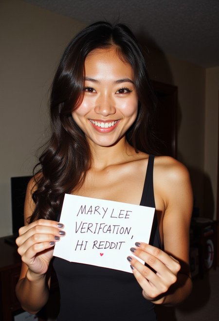 A candid iPhone photo of a young beautiful Asian American sorority woman, smiling at the camera.
(Holding up a verification handwritten note that says "MARY LEE VERIFICATION, HI REDDIT")
Kodak film photo, 2010s style, point and shoot. Instagram Myspace fickr. 
Wearing a tank top. flirting with the camera, cleavage, smiling, tight dress, striking eyes, detailed skin, (sweat:0.10), (pores:0.10). Colorful and realistic and sexy.  Film grain, slight depth of focus. ((Snapchat photo from 2010))