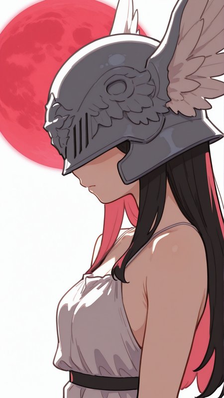 masterpiece, best quality, amazing quality, highres, 1girl, long hair, dress, closed mouth, bare shoulders, helmet, covered eyes, red moon, winged helmet, white background, upper body, from side
 <lora:Artstyle__uwzoa_illustrious:1>