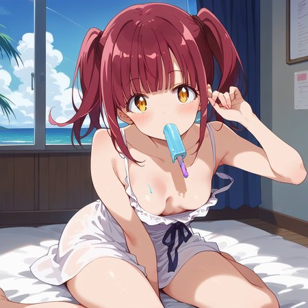 score_9, score_8_up, score_7_up, source_anime, BREAK, ichiwana_konoka, 1girl, looking at viewer, blush,  small breasts, bare legs,  sundress,  no bra,  cleavage, popsicle,  sucking , holding <lora:ichiwana_konoka-ponyXL-v0.5:1>