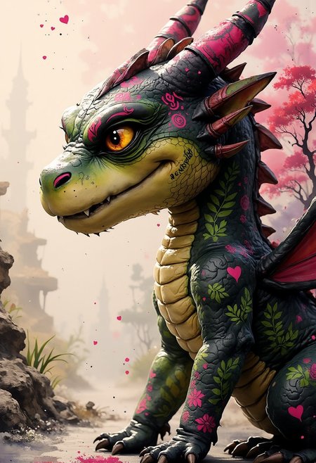 A dinkfsn style ink wash painting, Silhouette Art, magnificent, A close-up of a dragon face adorned with intricate pink and green patterns. The left side of the face is predominantly yellow, with symbols and doodles, while the right side is dark, featuring mechanical elements. The eye on the left is a striking shade of yellow, contrasting sharply with the surrounding patterns. The face is partially covered by a fur, cinematic_1940s cinematic_octanea plushie dragon digger with cuddly brown scales, fluffy paws, and a heart-shaped nose, solo, ral-smlvltnpls, a swamp plushie dragon with murky green fabric scales, fluffy body, and heart-shaped teeth, gummy swamp ruins with sticky stone, heart-shaped vines, pastel mist, detailed background, cuddling in a desert, with heart-shaped paws, happy, smiling softly, dynamic angle, wide shot, a plushie dragon migration with dragons bouncing, heart sparkles, fluffy tundra clearing, sparkly confetti, scattered around, nearby, on a nest of hearts, soft and fluffy, blizzard, fluffy snow, gentle winds, pastel air, twilight, soft purple hues, heart stars emerging, cool air, best quality, rich colors, realistic style, high detail, high-definition, hyper-realistic, extremely high-resolution details, fine texture, incredibly lifelike,