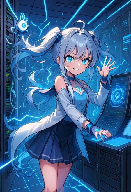 civbotchan, 1girl, raising her hand dramatically toward a massive central console, initiating a glowing reboot sequence, energy surging through digital cables, blue electricity and hexagons swirling around her, confident smirk, her robot companion floating by her shoulder, server room environment, magical girl x sysadmin aesthetic