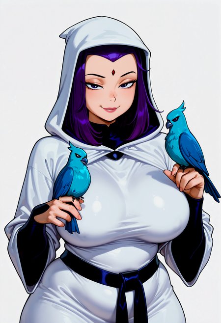 upper body, solo, TT_Arella Roth, 1girl, forehead jewel, mature female, think face, dark purple eyes, black eyes, purple hair, medium hair, widow's_peak, large breasts, heavy breasts, plump, wide hips, hooded cloak, long white cloak, hood up, long white robe, belt, looking at viewer, standing, bedroom eyes, seductive smile, bird on hand, bird, sexually suggestive, simple background, white background, <lora:ponyxl\cfg_scale_boost:0.7> <lora:IL\KMS_TeenTitans_ArellaRoth_Pony-000013:1>