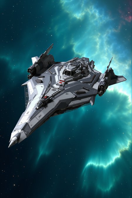 <lora:SpaceCraft_v.3:0.8>
A sleek, aerodynamic interceptor drifts above a glowing blue nebula, its composite fuselage shaped like a falconâs beak, tapering to a needlepoint bow with angular winglets extending like fins on either side. Reflective metallic sheens highlight subtle curvature along the silver-titanium hull, interspersed with matte-black heat sinks and aerodynamic grooves. Twin engine nacelles flare toward the aft in a V-formation, suggesting silent precision and speed. Captured from a high-side oblique angle, the ship appears mid-drift, bathed in ambient teal and magenta nebular gradients. Rendered in glossy photorealism with aerospace precision, the composition radiates grace, stealth, and advanced maneuverability.