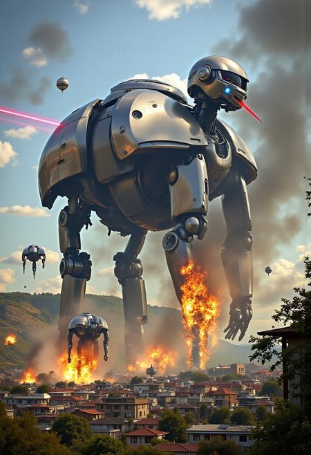 photoshoptcontest. a digitally manipulatd photograph, ultra-glossy fashion portrait with pristine chrome reflections and technological precision of an army of futuristic robotic war-ants towering over a small village.  Destruction and explosions surround the scene, and lasers and glowing smoke are all around.  Magical wonder and thrilling horror combine in this epic action shot and tragedy combined.
