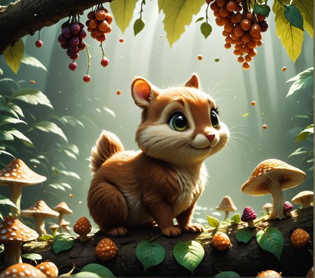 score_9, score_8_up, score_7_up, score_6_up, score_5_up, score_4_up, Detailed 3D digital art Vibrant digital painting with photorealistic details, depicting a cute chipmunk with bright eyes and detailed fur, nestled in a lush, mossy tree hollow surrounded by leaves, berries, and mushrooms; the background is a sunlit forest with beams of light filtering through the foliage, creating a warm, magical atmosphere with rich green and brown tones.
