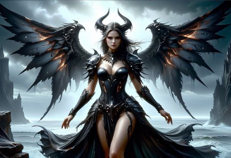 She stands at the edge of a rift in reality, a place where the laws of nature are bent and broken. Her wings, a tapestry of metal and flesh, spread wide, a radiant contrast to the dark and forbidding landscape. Her beauty, a fusion of Giger's biomechanical nightmares and Royo's sensuous darkness, is a vision of absolute desolation and dark beauty. She is a beacon of hope in a world on the brink of collapse, a reminder that even in the darkest of times, beauty can still be found.