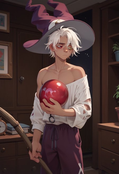 cowboy_shot, Score_10, Score_9, Score_8_up, Score_7_up, Score_6_up, 
1boy, solo, qu1nn, white hair, dark skin, dark-skinned male, heterochromia, red eyes, yellow eyes, pyjama, loose clothes, bare shoulder, holding a crooked broom,
tired, exhausted, grimace, standing, indoors,