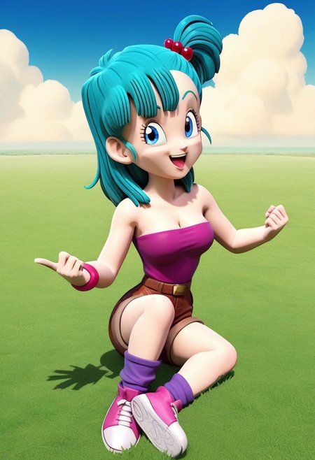 score_9, score_8_up, score_7_up, anime screencap, 
bulma \(dragonball\) 3d render, in clsh artstyle, 1girl, solo, breasts, looking at viewer, smile, open mouth, blue eyes, wristwatch, field, outstretched hand, leg up, pink tube top, hair ornament, cleavage, bare shoulders, sitting, full body, outdoors, sky, shoes, shorts, outstretched arm, day, socks, cloud, blue sky, strapless, aqua hair, one side up, cloudy sky, grass, hair bobbles, wristband, sneakers, pink footwear, brown shorts, purple socks, arm up, collarbone, eyebrows, eyelashes, jumping, fingernails, medium hair, looking to the side, clenched hand, raised eyebrows, midair, tongue, teeth