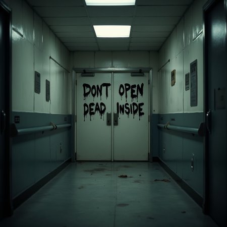 This image taken inside an empty and dark hallway at an abounded hospital, looking at a closed double door, with a text "DONT OPEN DEAD INSIDE" written with black paint covering whole door, overall image gives scary and suspense vibes, inspired from walking dead tv series