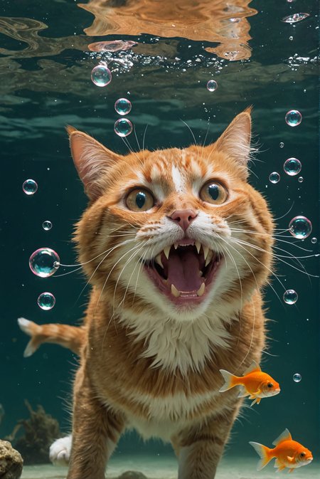 cat, making goofy faces under water, lie the wind is blowing in her open mouth bubbles wide. an annoyed goldfish swims by