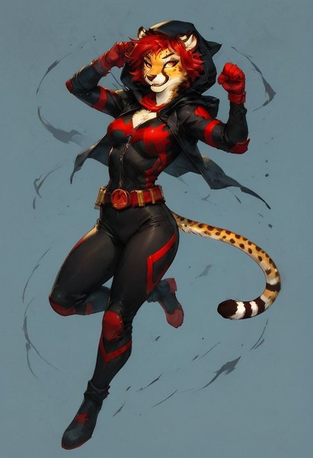 score_9,score_8_up,score_7_up,
 1girl, solo, red hair, golden eyes, dark city on the background, night time, short hair, looking at viewer, breasts, superhero outfit, ninja suit, (black outfit with red stripes), hoodie, furry female, female anthro cheetah, smile, portrait, on the streets, streets background, full body,