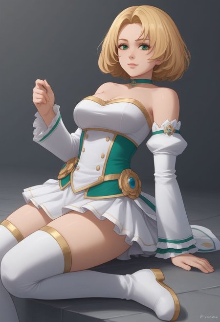 high quality, solo, 1girl, FioraDE, green eyes, blonde, medium hair, white bralette strapless, detached sleeves, skirt, thighhighs, boots, choker,