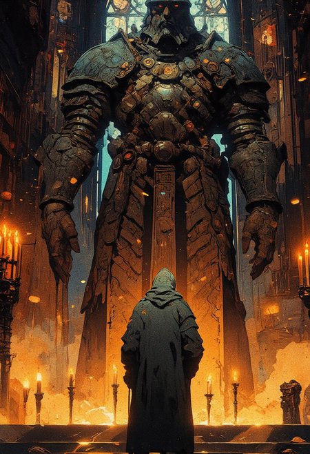 A lone figure stands amidst a sea of flickering candles in a vast, ancient cathedral. The air is thick with incense and mystery, as towering gothic columns stretch high into the darkness. The cathedral is dimly lit, with golden candlelight casting long shadows across the worn stone floor. In the background, an immense statue of a battle-worn warrior, adorned in heavy armor with intricate engravings, looms over the scene. The warrior’s helmeted face is stern and unyielding, a relic of a forgotten age. The setting exudes a sense of reverence and lost glory, as dust particles dance in the faint beams of light filtering through stained glass windows. The lone figure, clad in a long robe, stands in silent worship or contemplation, their back to the viewer. The ambiance is heavy with gothic grandeur, evoking themes of forgotten deities, lost empires, and ancient rites.
,  anime, cyberpunk