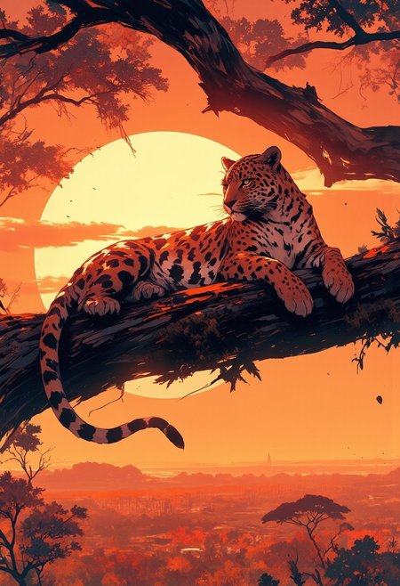 Mh1$AgThS2, intricate linework with expressive contrasts, soft lighting with dynamic highlights, a jaguar lying in a tree on the African savannah, silhouetted at sunset, In the style of ff-td