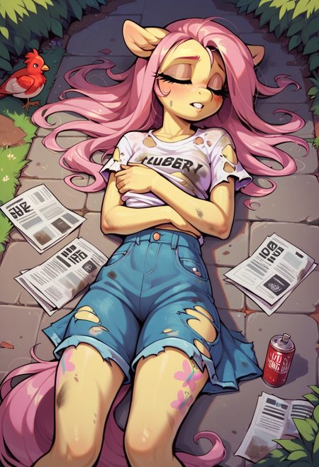 score_9, score_8_up, score_7_up, score_6_up, outside, rooster costume, chicken,
1girl, Fluttershy (mlp), (anthro pony), skinny, homeless, dirty, skinny, hungry, covering with newspaper, dirty clothes, torn, clothes, laying on the ground, dirty hair, rat, sleeping, night, street, asphalt