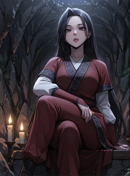 HDR,masterpiece, absurdres, newest, highres, very aesthetic, detailed eyes, fit body, godrays, ambient occlusion, soft lighting, highest quality, (volumetric lighiting:1.1), realistic skin, low lighting, trending on artstation, gothic,
adult, LGSPX, (anime screencap:1.3), anime screencap, Gu Huibi, black hair, long hair, dark red eyes, mature female,
BREAK
woman, dynamic pose, crossed legs, bangs, kimono, cave, dark cave, rocks, candlelight
<lora:princess_xl_v2:0.6> <lora:add-detail-xl:0.25>  <lora:30_LOL:0.6>  <lora:g0th1cPXL:0.4>  <lora:Gu_Huibi-000091:0.7>