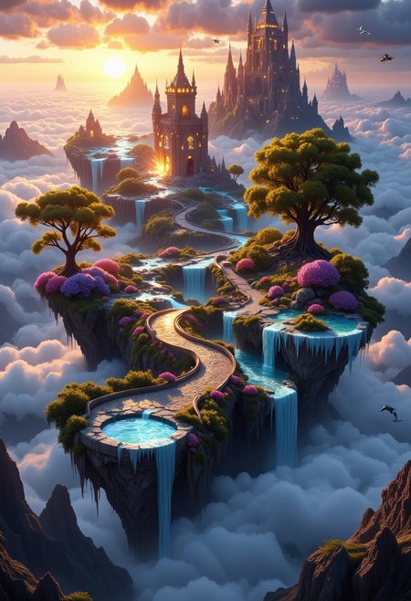 High above the clouds, a series of enchanted floating islands drift serenely in the sky. The islands are connected by delicate bridges made of crystal and woven vines, each one home to its own unique environment. One island is a tropical paradise, with golden beaches, vibrant coral reefs, and giant, multicolored flowers. Another is a frozen wonderland, with snow-capped peaks, sparkling ice caves, and glittering frozen waterfalls. On a third island, ancient ruins are hidden beneath dense canopies of mystical trees whose roots extend far below. The sky is painted with hues of orange and purple as the sun sets, casting a golden glow over the islands. Magical creatures, such as flying dolphins and radiant birds with shimmering feathers, soar between the islands, and in the distance, the silhouette of a floating castle can be seen, its towers reaching into the clouds.