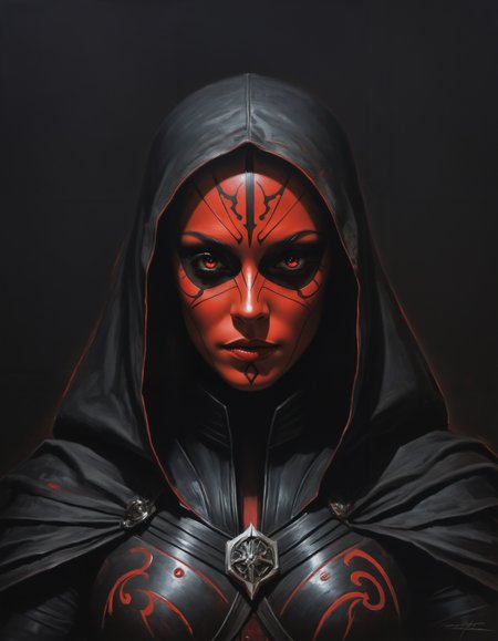 by Leonetto Cappiello,  (truthful but extremely beautiful:1.4), (intricate details, masterpiece, best quality:1.4) , in the style of nicola samori, upper bodyhalf, dynamic pose, 
female ancient sith fighter, Star wars movie style, movie still, dynamic, highly detailed, reminiscent of Star wars movies,, dynamic pose, looking at viewer, glowing red eyes, 
 <lora:add-detail-xl:1> <lora:xl_more_art-full_v1:0.5>  <lora:NicolaSamori:0.7>