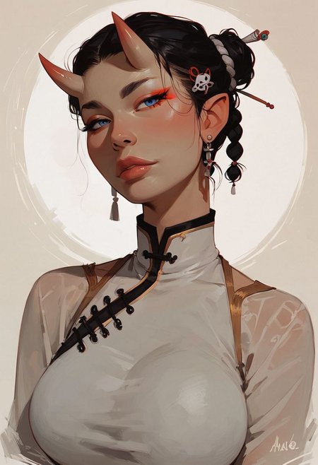 score_9, score_8_up, score_7_up, score_6_up, score_5_up, score_4_up, sexy asian girl , oni mask ,  large breasts, Chinese dress , blue eyes, silver neclace , side portrait , ancient , hair pins , half body portraits , narrow hips