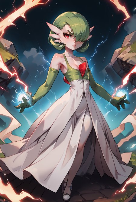 score_9, score_8_up, score_7_up, score_6_up, score_5_up, score_4_up, <lora:gardevoir_v2:1> gardevoir, white dress, creature, game freak, nintendo, pokemon, bangs, colored skin, female focus, flat chest, gen 3 pokemon, green hair, green skin, hair over one eye, multicolored skin, red eyes, short hair, two-tone skin, white skin, serious face, mad, charging, full body, <lora:Super_Saiyan_4_Goku_Anime:1>,  <lora:asanagiArtistStylePonyxl_loraLocon:0.8>, <lora:incase-ilff-v3-4:0.8>, <lora:BoldCAT_P3:1>, energy, aura, electricity, black orb, highly detailed, absurdres,