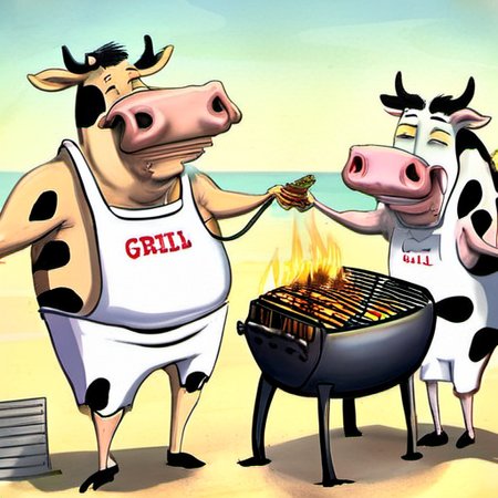 happy Cows grilling a person on a grill at the beach, a person on the  grill <lora:rob_sheridan_drawing_style:1>
