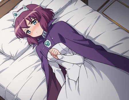 score_9, score_8_up, score_7_up, source_anime,
henriettadetristain, <lora:henrietta-de-tristain-s3-ponyxl-lora-nochekaiser:1>,
henrietta de tristain, short hair, blue eyes, purple hair,
long sleeves, hat, dress, cape, tiara, crown, purple cape, white dress, long sleeves,
indoors, bed, bed room, on side, blush, drunk,
looking at viewer, cowboy shot, solo, dutch angle