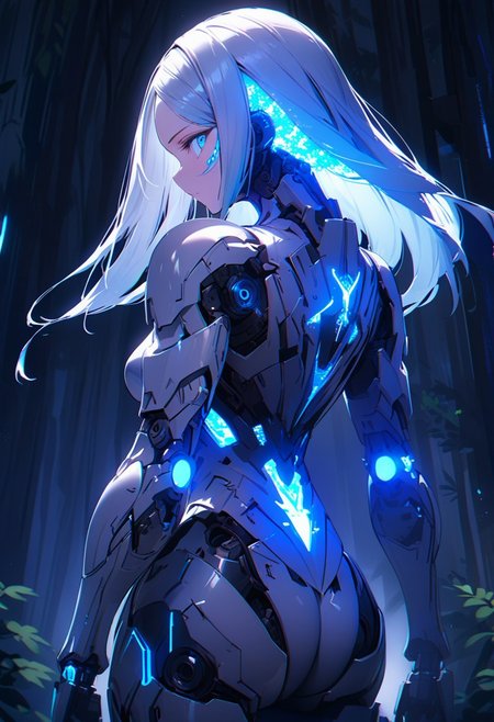 ((masterpiece), (best quality), (ultra-detailed), 
illustration, 3DMM,
1woman, deep blue eyes, blue hair , very long hair, forehead, black footwear, high heels, standing, looking at viewer, trees, standing on log, night sky, stars, forest, futuristic,  hand prosthesis, scifi , lrg prosthesis, glossy, armor, cyborg,  perfect body, silver and blue glow,  mechanical joints, from back,
 ,blue neon, prostheses, cyber prostheses, tilted back, from downstairs, glowing hair, detailed face, blue particle, upper body, face focus)