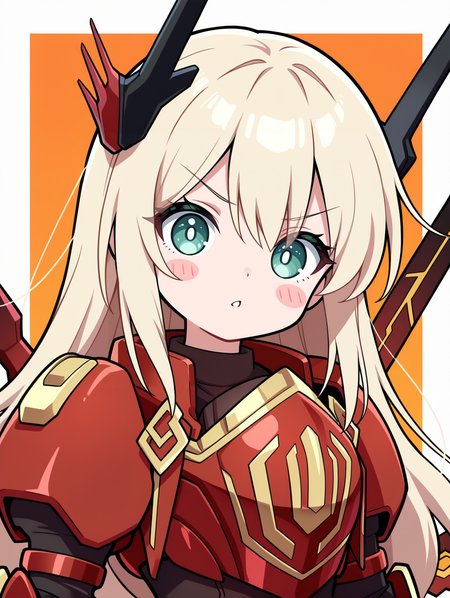 chibi, blush stickers,red power armor, sky striker ace - raye, mecha musume, official alternate costume, 1girl, solo, looking at viewer, v-shaped eyebrows, upper body, parted lips, orange background, black bodysuit, red sword wings, red headgear, red breastplate, white border,
masterpiece,best quality,amazing quality,very aesthetic,absurdres,newest,<lora:Sky striker ace - kagari illusXL v1:0.7>,