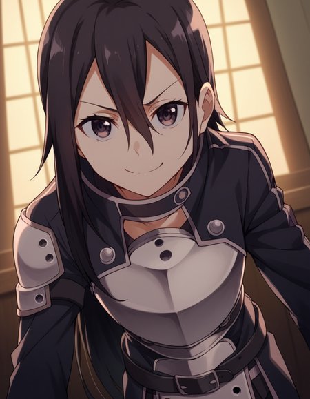 score_9, score_8_up, score_7_up, source_anime, <lora:kazuto-kirigaya-s2-ponyxl-lora-nochekaiser:1>, kazuto kirigaya, long hair, black hair, male focus, black eyes, otoko no ko, androgynous, hair between eyes,, gloves, armor, breastplate, belt, long sleeves, black jacket,, indoors, bent over, smile, smug, looking at viewer, solo,, cowboy shot, dutch angle